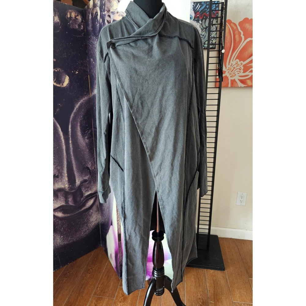 Mia Inspiration Charcoal Gray Asymmetric Wrap Long Cardigan Funnel Neck Size 2